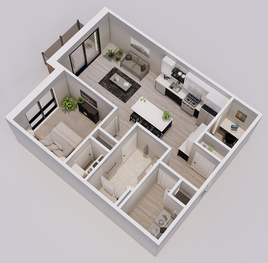 Floor plan for 1 bed, 1 bath, 701 sqft